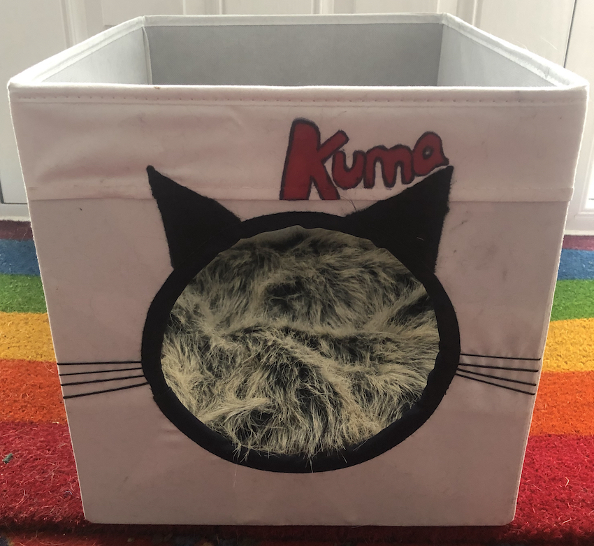 White Ikea Drona cube with a circular hole cut in the front, edged in black, ears and whiskers drawn on