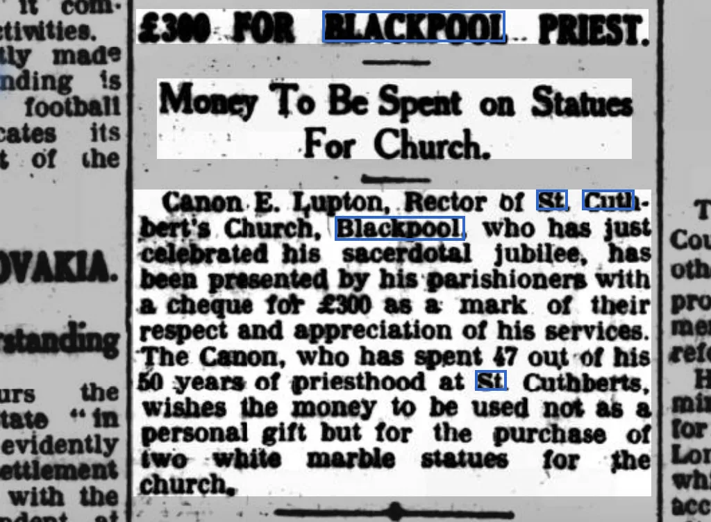1927 newspaper cutting about a presentation to Canon Lupton