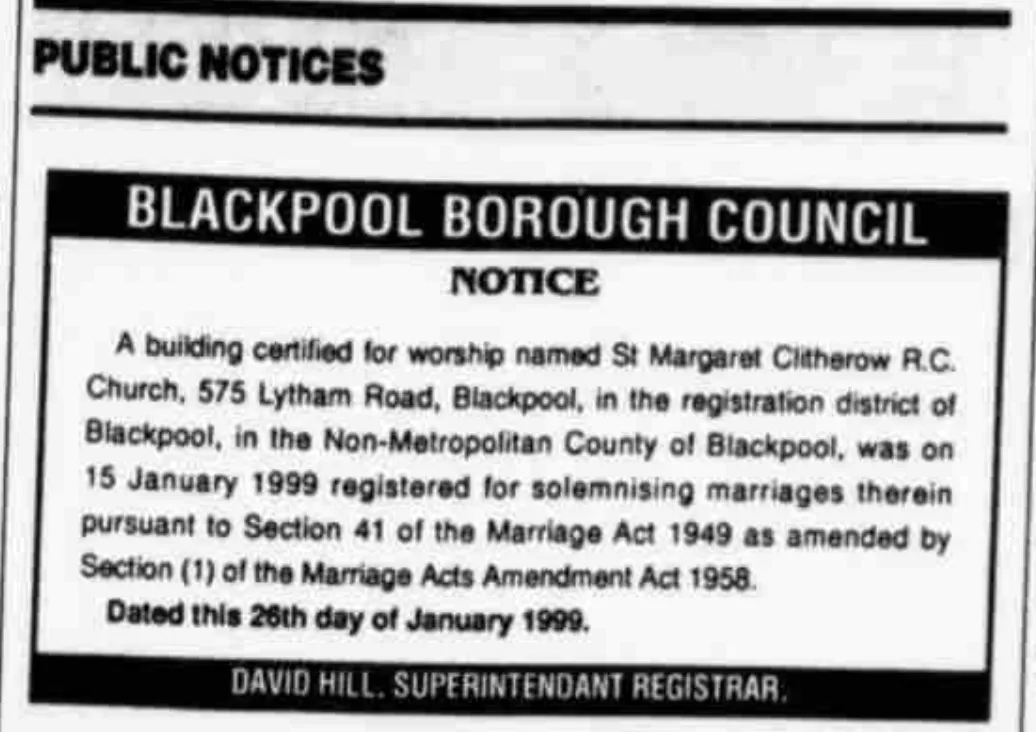 1999 newspaper cutting about St Margaret Clitherow Church being registered for marriages