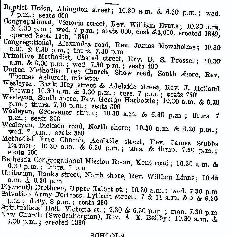 1895 cutting from Kelly's Directory about places of worship in Blackpool