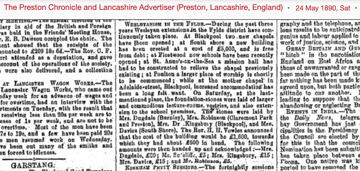 1890 newspaper cutting about new Wesleyan buildings