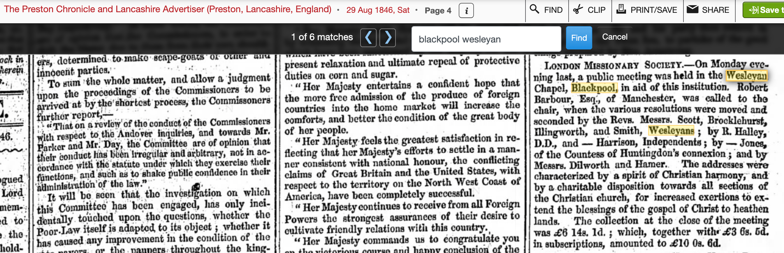 1846 newspaper cutting about a London Missionary Society meeting in Blackpool