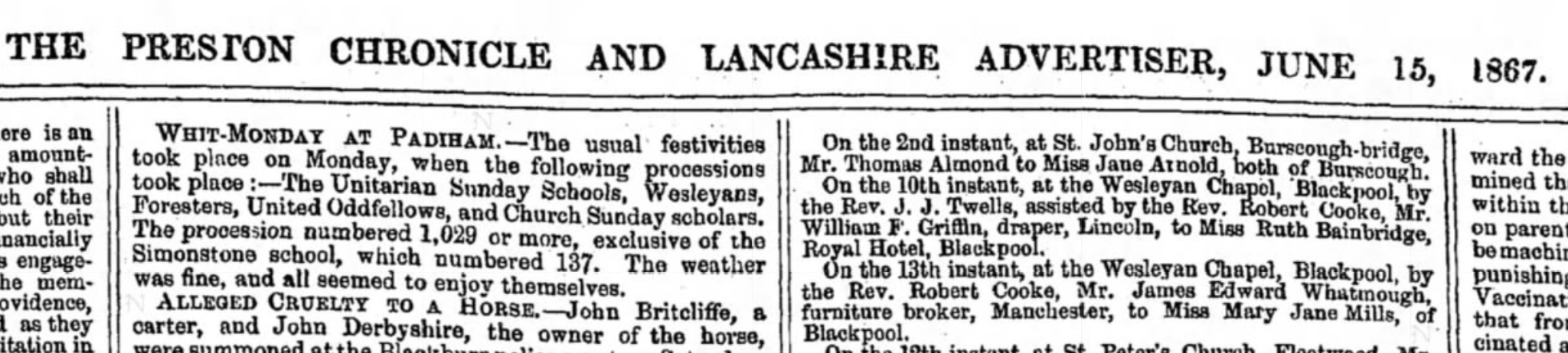 1867 newspaper cutting about Wesleyan marriages