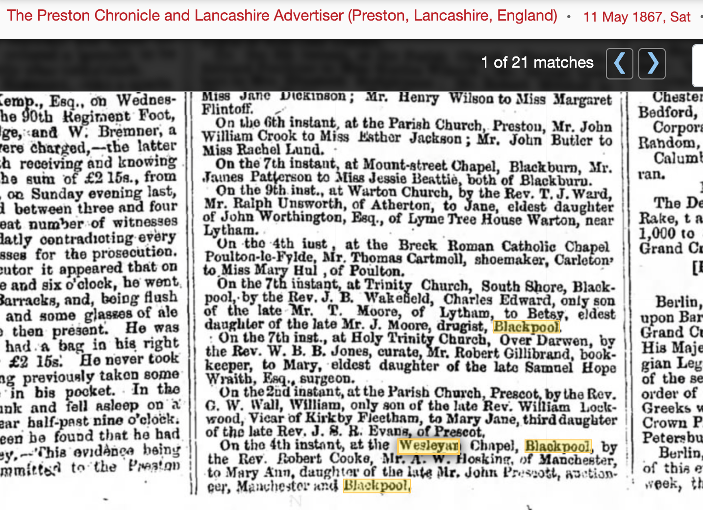 1867 newspaper cutting about Wesleyan marriages
