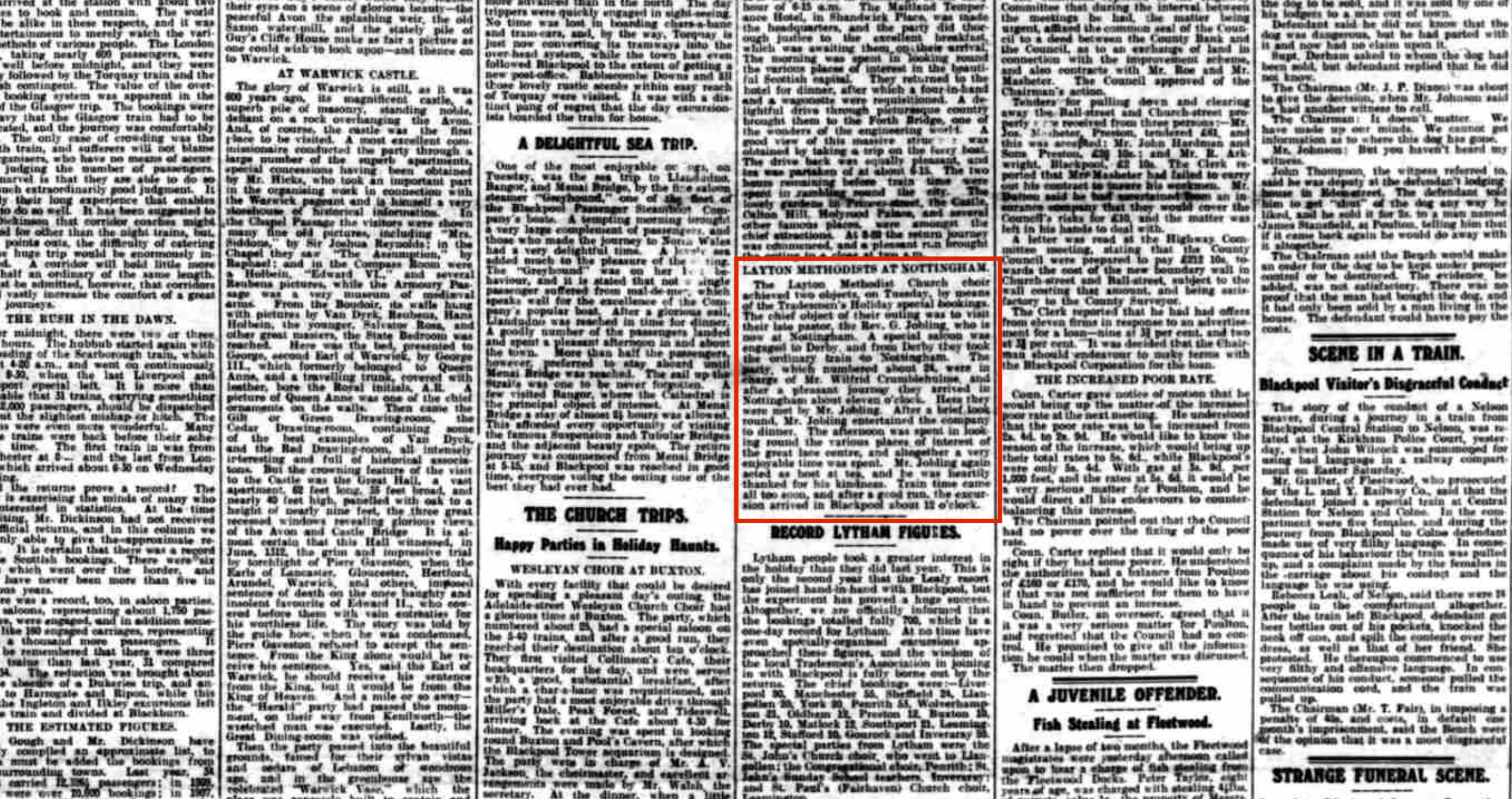 1911 newspaper cutting about a trip to Nottingham by members of Layton Methodist Church