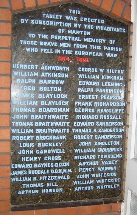 Black granite tablet listing Marton’s First World War dead