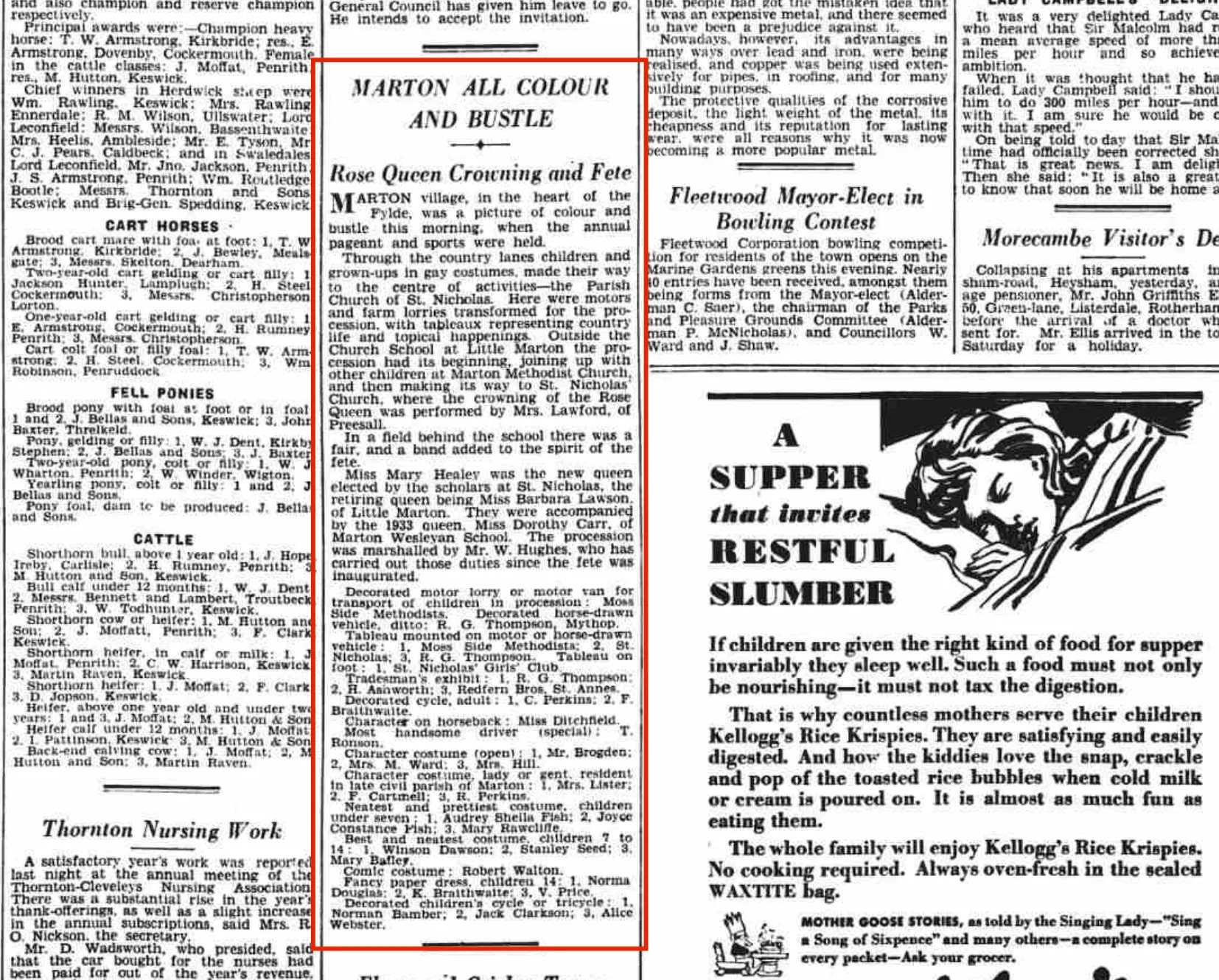 1935 newspaper cutting about the Rose Queen crowning and fete at Marton Methodist Church