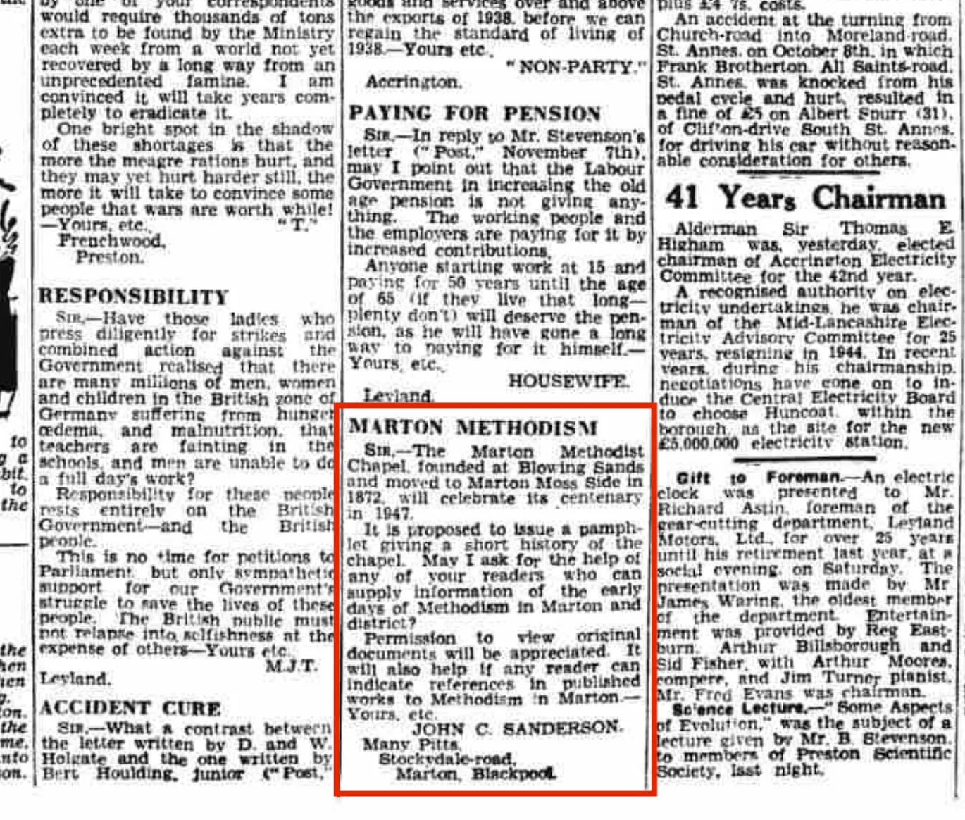 1946 newspaper cutting featuring a letter about Marton Methodist Church