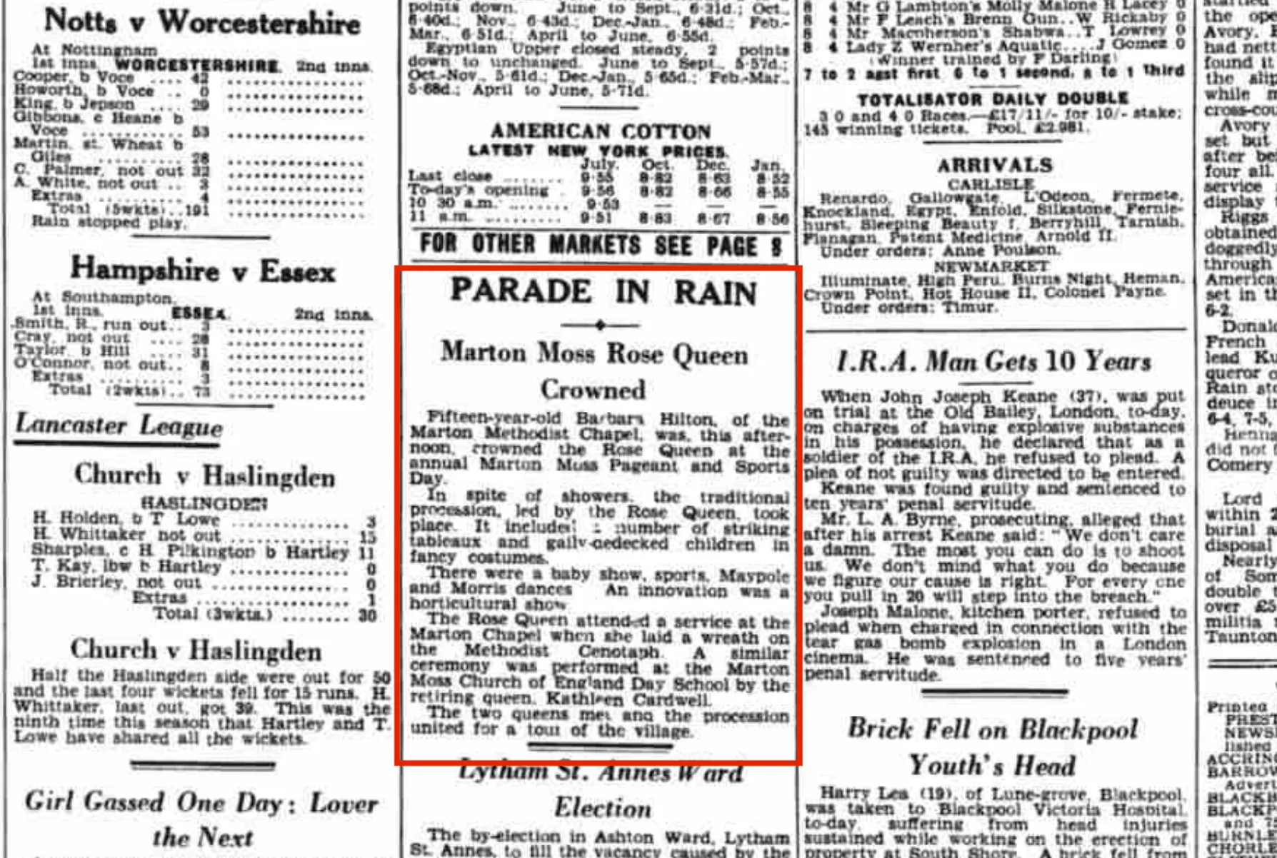 1939 newspaper cutting about the crowning of the Rose Queen at Marton Methodist Church