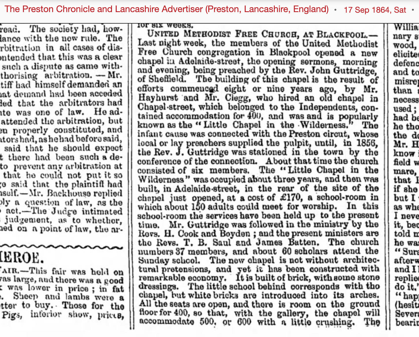 Newspaper article dated 17 September 1864 about the building of Adelaide Street Methodist Church