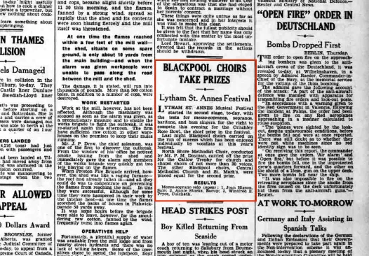 Newspaper article dated 17 June 1937 about a chor competition