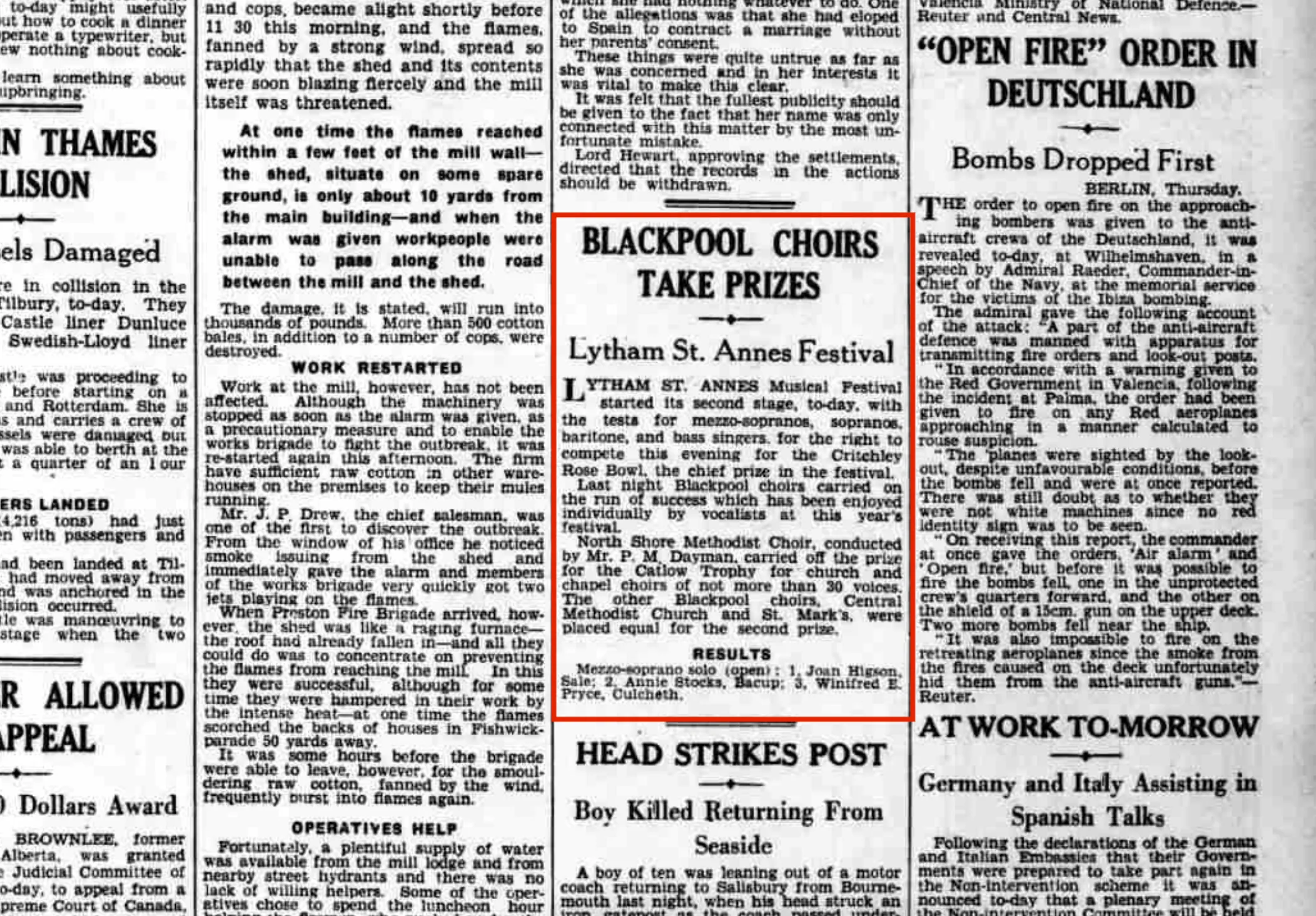 Newspaper article dated 17 June 1937 about a chor competition